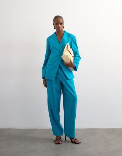 Linen blend co ord occasion barrel trouser in turquoise