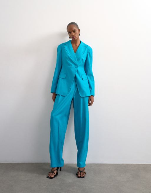 Topshop linen blend co ord occasion strong shoulder cinched waist blazer in turquoise, 3 of 4