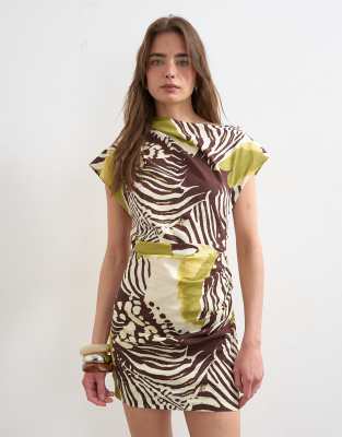 Topshop Linen Blend Draped Asymmetric Mini Dress In Multi