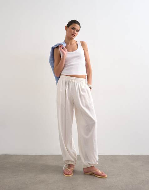 Topshop linen blend elasticated waist balloon pants in white - view 1