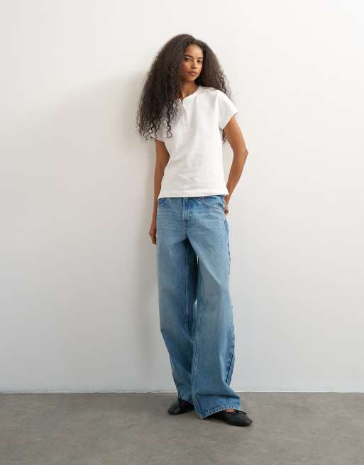Topshop linen blend fitted short sleeve henley in white, 2 of 4