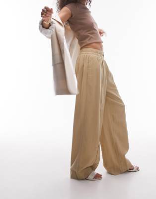 linen blend high waist pull on straight leg pants in sand-Neutral