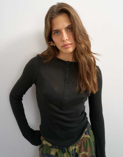 Topshop linen blend long sleeve henley in black, 3 of 4