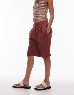 Topshop Linen Blend Longline Shorts In Red