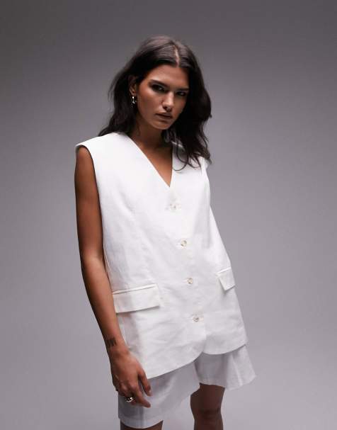 Topshop linen-blend oversized vest in white - part of a set - view 1
