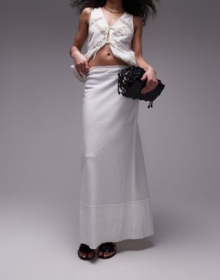 linen blend raw edge trim bias cut maxi skirt in white