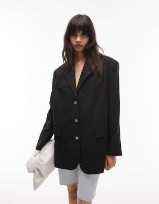 linen-blend single breasted blazer in black - part of a set