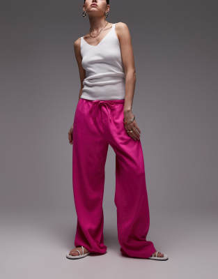 linen blend straight leg pants in hot pink