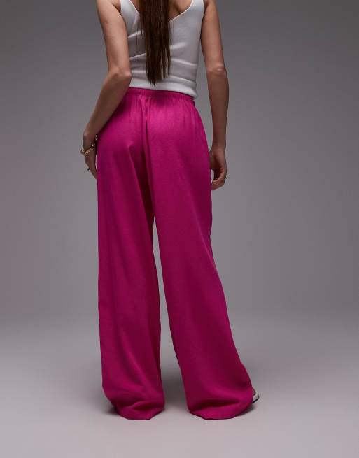 Topshop linen blend straight leg pants in hot pink