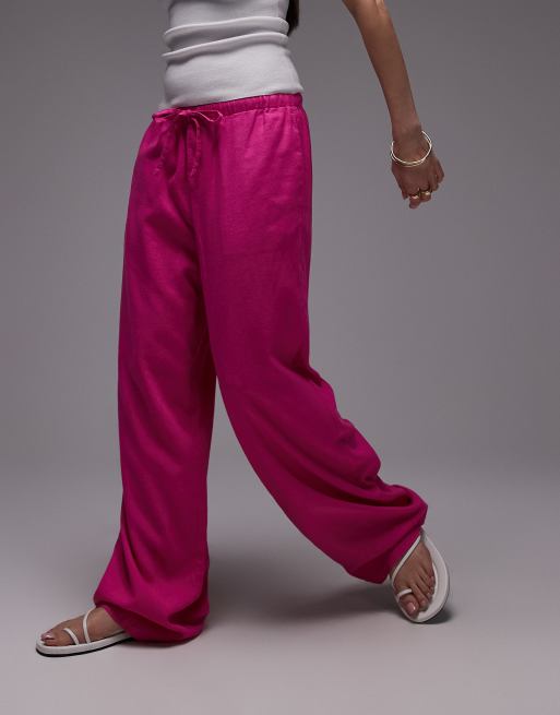 Topshop linen blend straight leg pants in hot pink