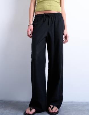 Topshop Linen Blend Straight Leg Pants With Deep Cuffs In Black