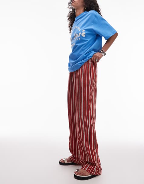 Topshop linen-blend straight pants in red and white stripe - view 1