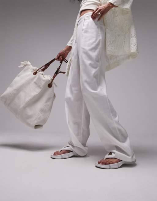 High-Rise Tapered-Leg White Linen Pant