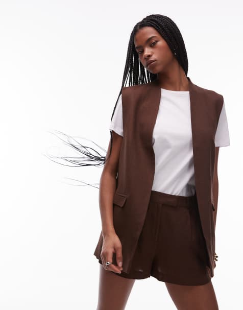Topshop linen blend throw on sleeveless blazer in chocolate - part of a set - view 1