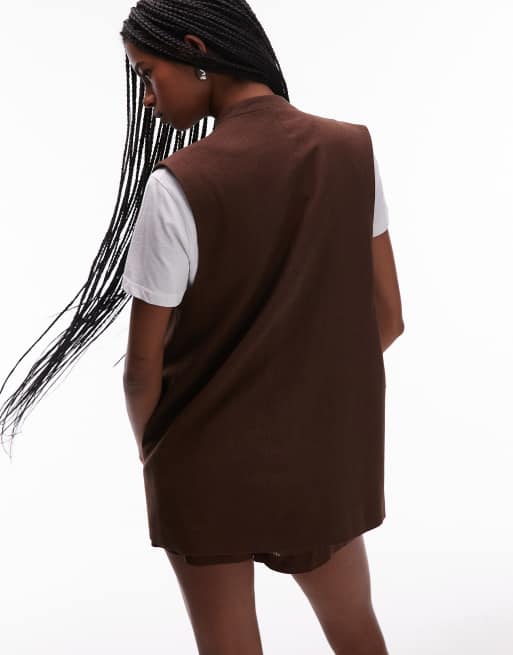 Topshop linen blend throw on sleeveless blazer in chocolate - part of a set, 4 of 4