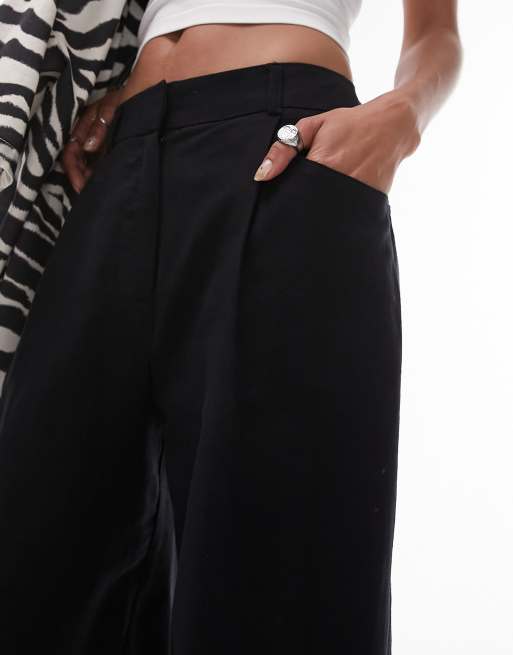 Black Linen Blend Wide Leg Trousers