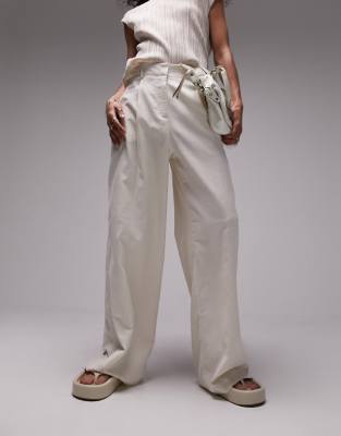 linen-blend wide leg pants in oatmeal - part of a set-Neutral