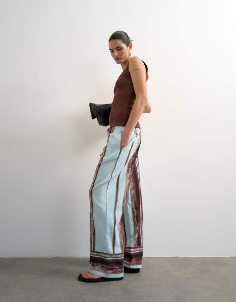 Topshop linen blue painted stripe straight leg trouser with deep cuff in blue - view 1