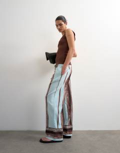 Linen blue painted stripe straight leg trouser with deep cuff in blue