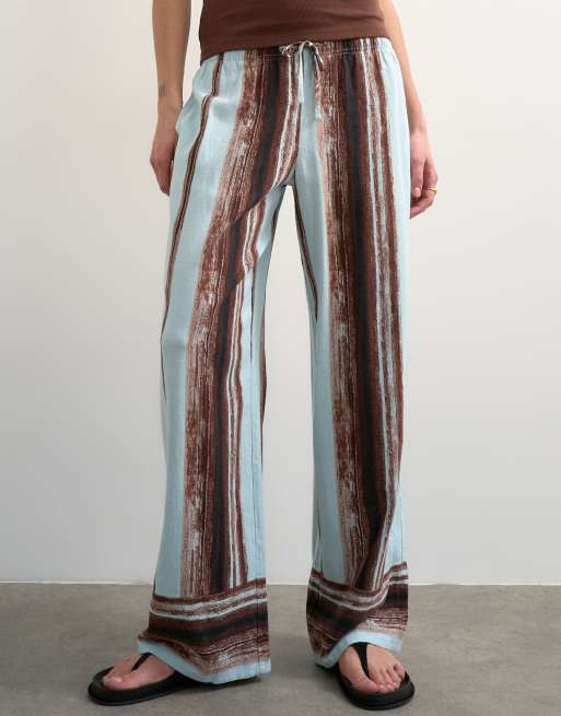 Topshop linen blue painted stripe straight leg trouser with deep cuff in blue, 2 of 5