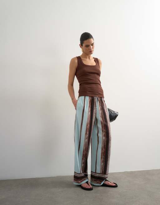 Topshop linen blue painted stripe straight leg trouser with deep cuff in blue, 3 of 5