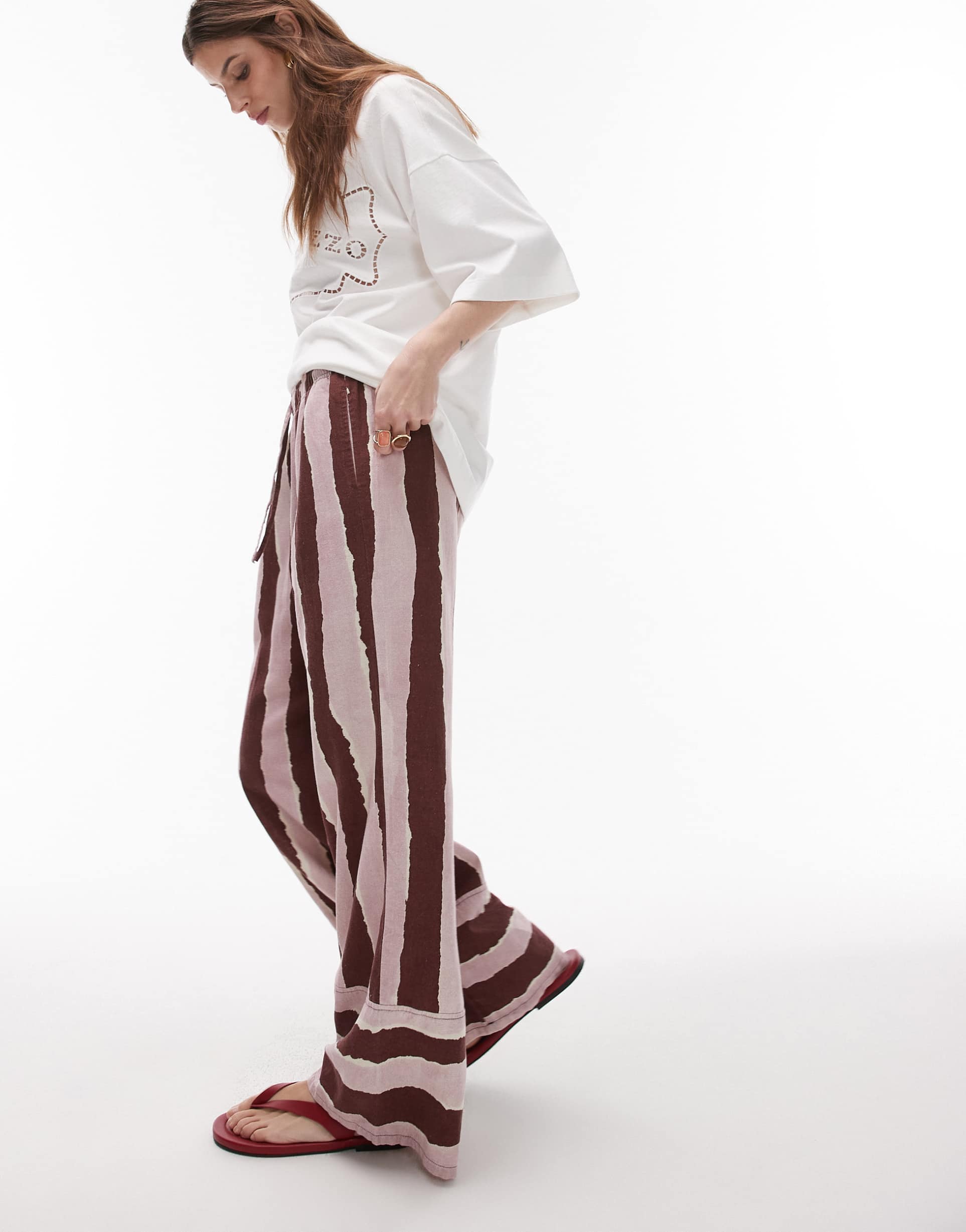 topshop linen brush stroke stripe deep cuff straight leg pants in burgundy