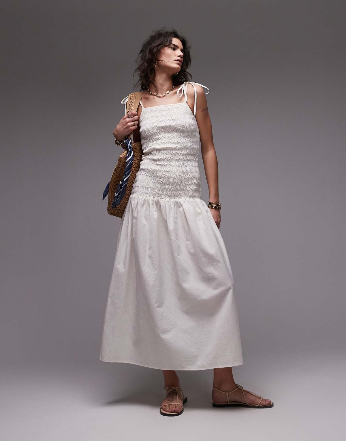 Topshop linen cami ruched midi dress in Ivory