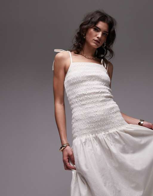 Topshop linen cami ruched midi dress in Ivory