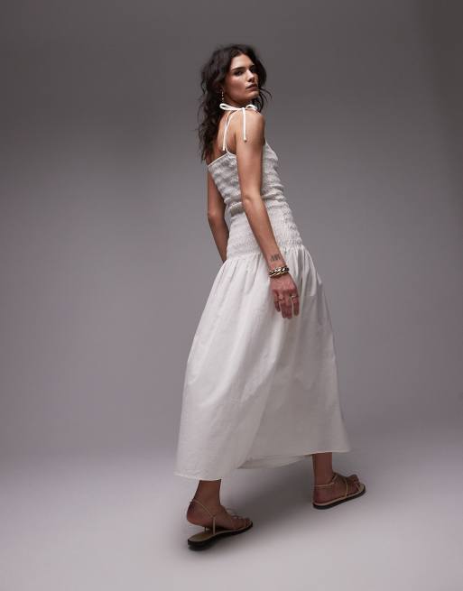 Topshop linen cami ruched midi dress in Ivory
