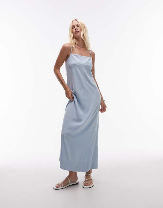 Topshop linen cami strap Midi Dress in pale blue-pink