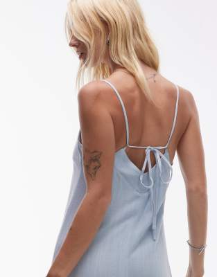 Topshop Linen Cami Strap Midi Dress In Blue