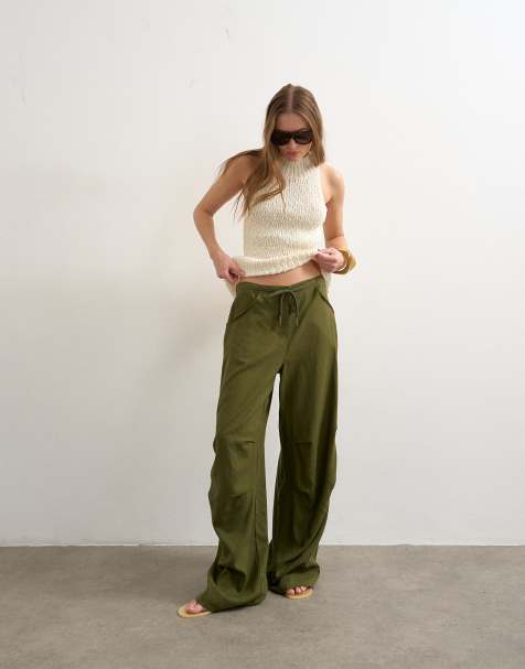 Topshop linen cargo pants in khaki - view 1