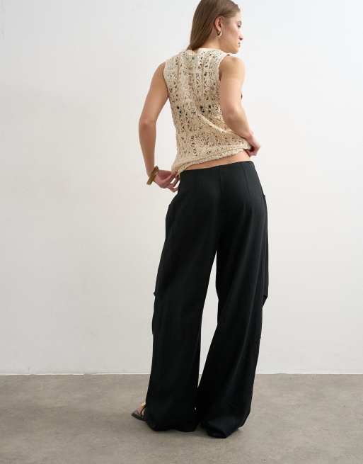 Topshop linen cargo trouser in black, 5 of 5