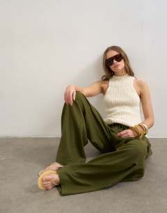 Model wearing Linen cargo trouser in khaki