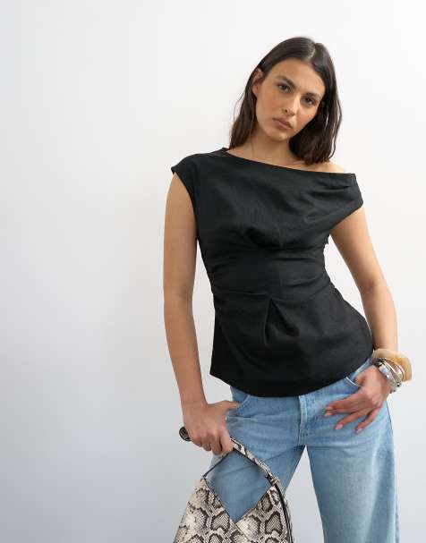 Topshop linen cinched waist asymmetric twist shoulder top in black - view 1