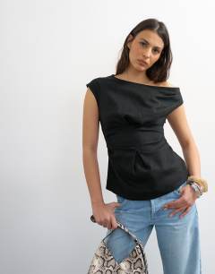 Linen cinched waist asymmetric twist shoulder top in black