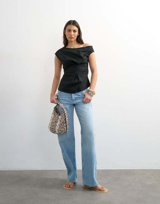 Topshop linen cinched waist asymmetric twist shoulder top in black, 2 of 4