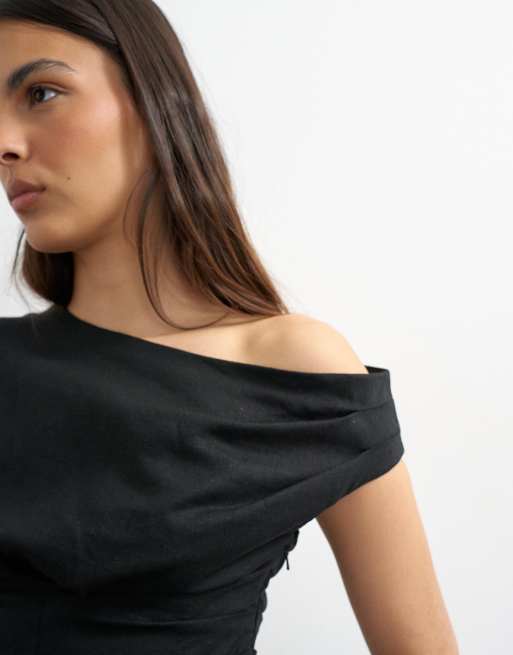 Topshop linen cinched waist asymmetric twist shoulder top in black, 3 of 4