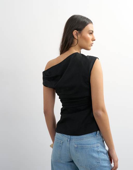 Topshop linen cinched waist asymmetric twist shoulder top in black, 4 of 4