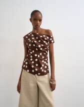 Topshop linen cinched waist asymmetric twist shoulder top in chocolate spot