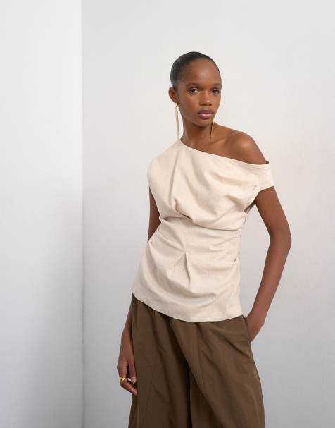 Topshop linen cinched waist asymmetric twist shoulder top in natural