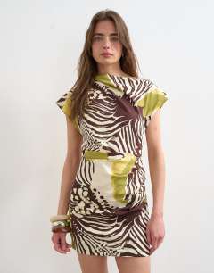 Linen drape asymmetric mini dress in khaki and brown abstract animal print