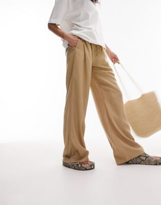 Topshop linen draw string waist straight leg trouser in sand