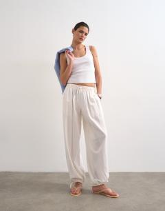 Linen elasticated waist balloon trouser in white
