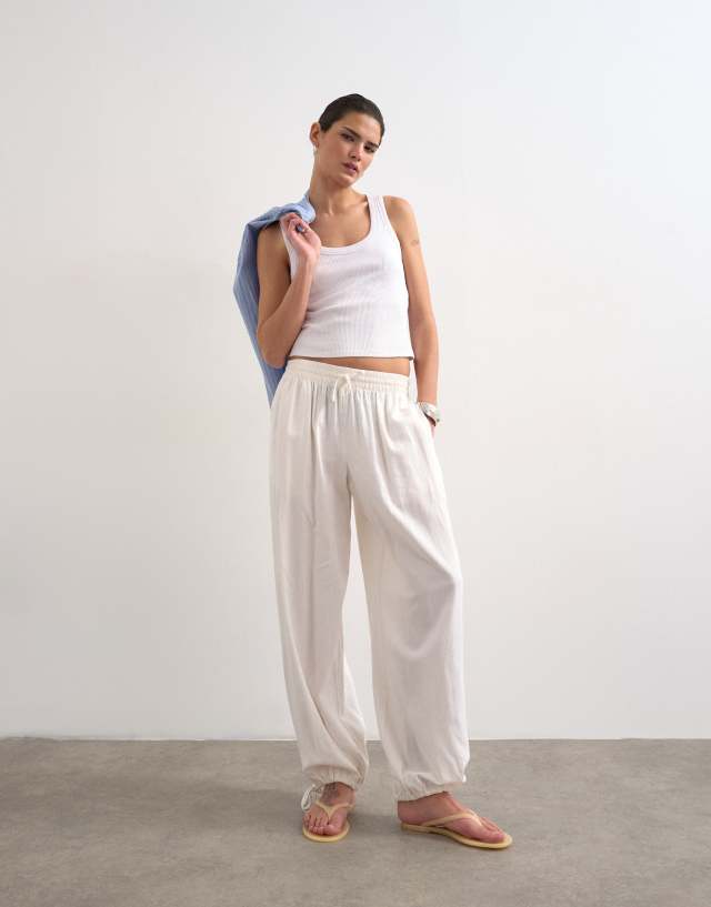 Topshop linen elasticized waist balloon pants in white | ASOS
