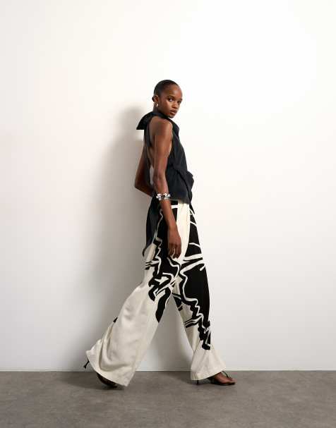 Topshop linen floral placement wide leg pants in ecru - view 1