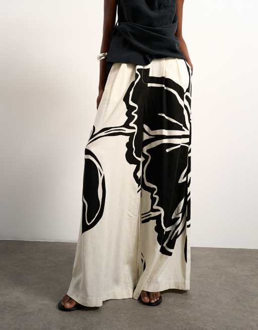 Topshop linen floral placement wide leg trouser in ecru, 2 of 5