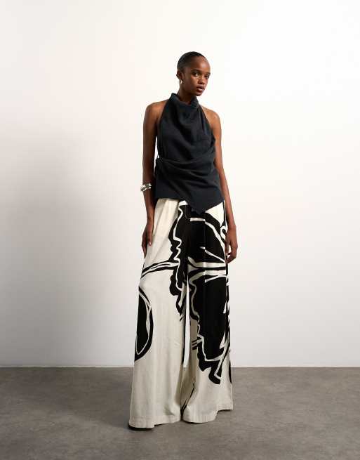 Topshop linen floral placement wide leg trouser in ecru, 4 of 5