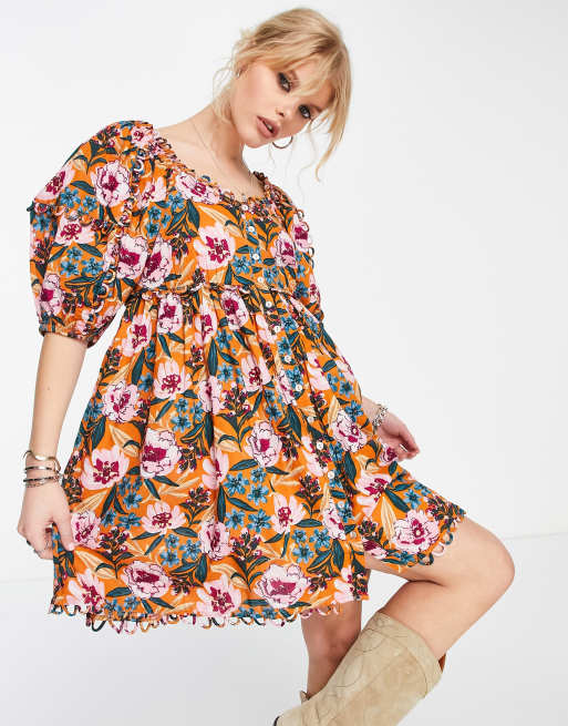 Topshop linen floral scallop trim mini dress in multi