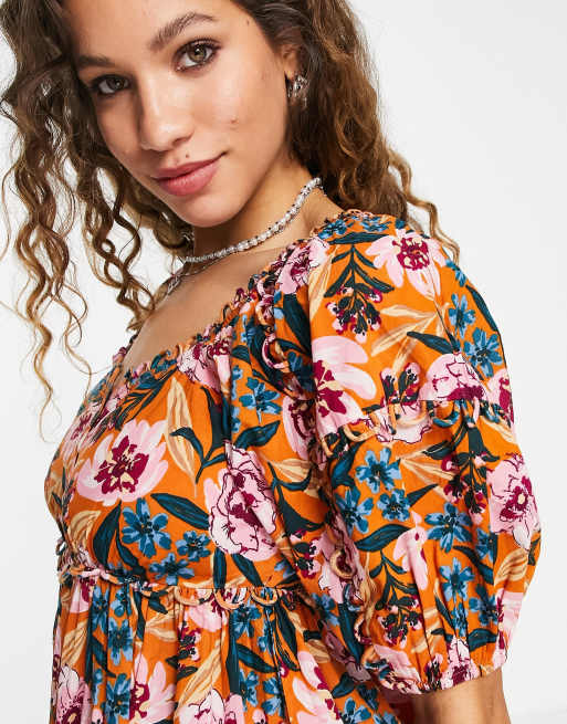 Topshop linen floral scallop trim mini dress in multi, 3 of 4